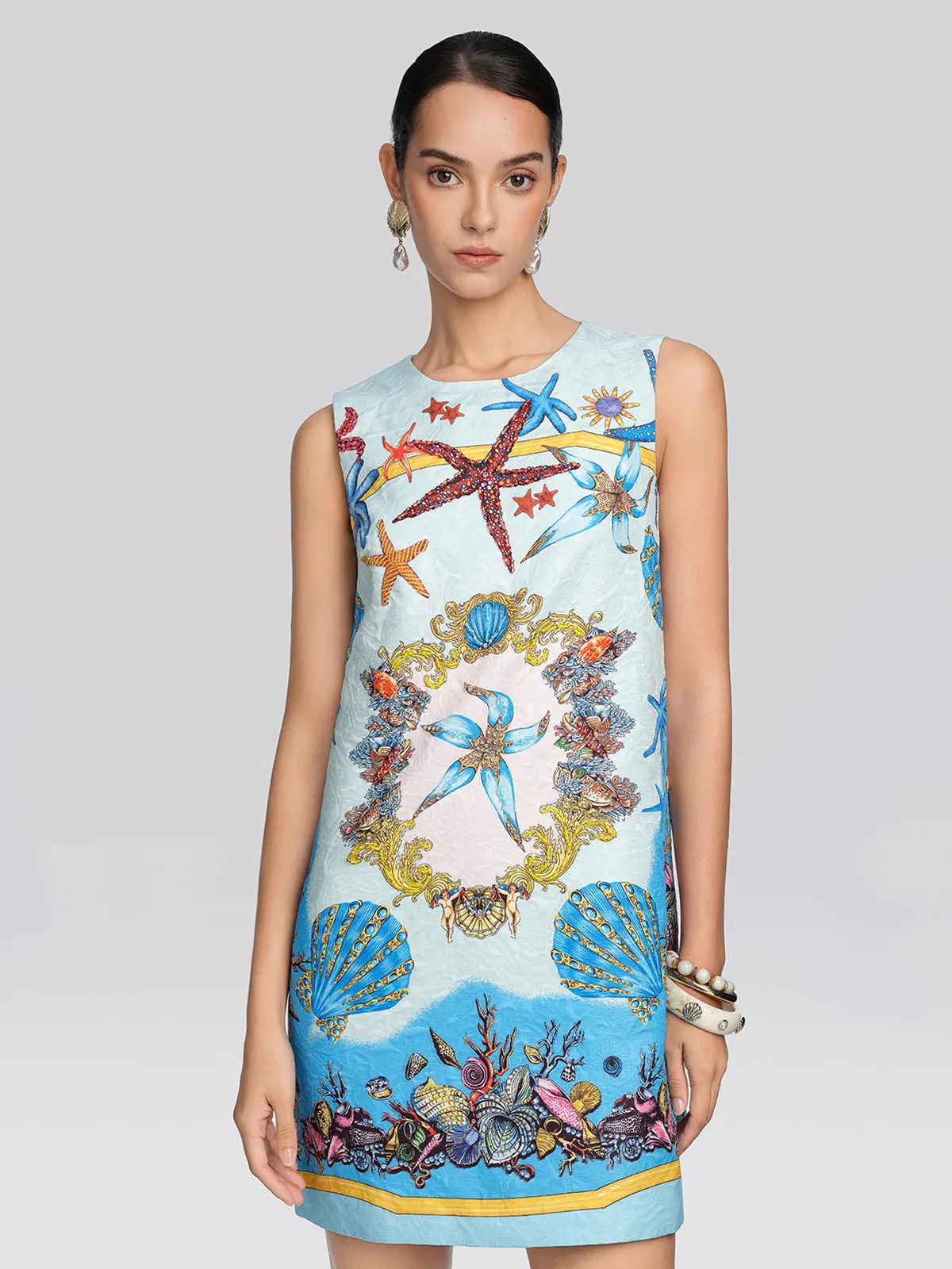 Hand Beaded Ocean Baroque Print Dress