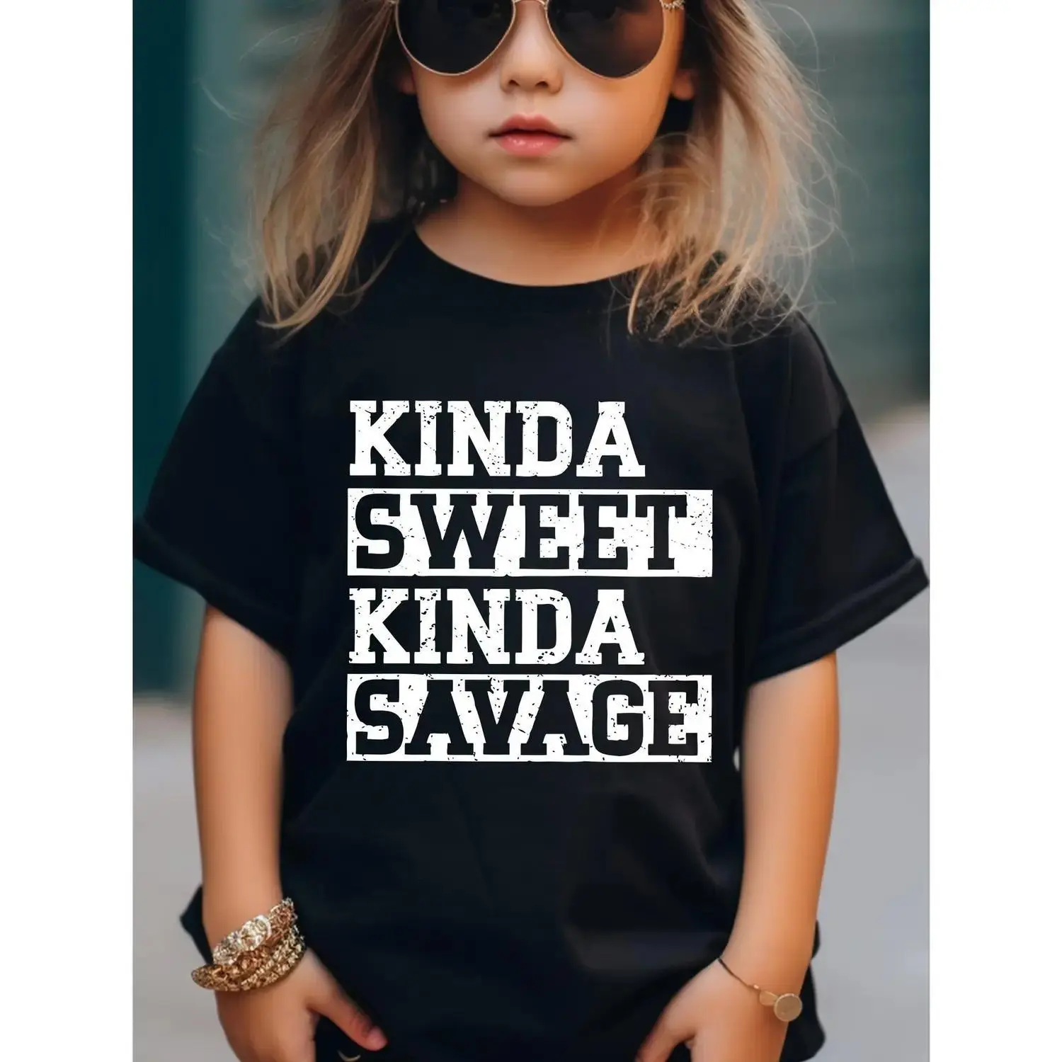 Toddler Girls' Cute Cotton Crew Neck Short Sleeve Casual Tee Top - "Kinda Sweet Kinda Savage" Print, Summer Outdoor Cotton Fabric Tee Gift, Casual Tee Tops