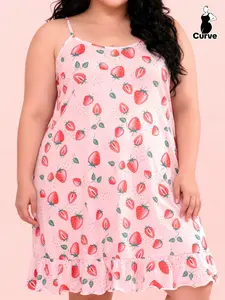 Plus Size Women's Sleepwear Home Clothes, Womenswear Spring Summer Sweet Cute Strawberry Print Sleeveless Nightdress, Loose Fit Casual Dress