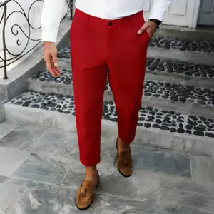 Men's Bold Red Slim Fit Dress Pants, Business Casual Cropped Trousers for Party & Office