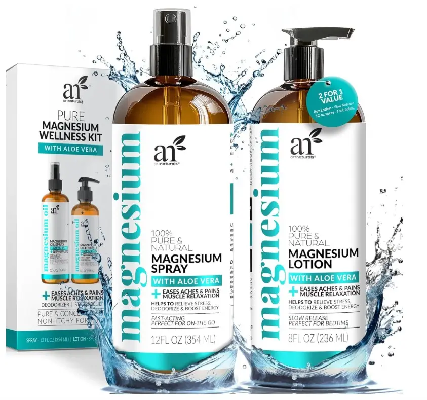 ArtNaturals Magnesium Oil Spray 12 oz + Body Massage Lotion Set 8oz for Feet & Sleep - Extra Strength Cream Ultra-Pure, Relief & Relaxation, Muscle Health Leg & Joint Care Topical Non Itch