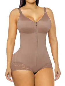 1 Count Women's Solid Color Adjustable Strap Bodysuit, Fajas Colombiana Shapewear, Front Zipper with Built Bra Shapewear , Lace Trim Jumpsuit, Abdomen Smoothing & Butt Lifting Bodysuit, Perfect for Daily & Party, Underwear