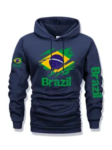 Men's Brazil Print Zip Hoodie, Fall & Winter Casual Regular Fit Long Sleeve Sweatshirt, Fashion Daily Wear Clothing