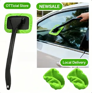 Windshield Cleaning Tool Car Window Cleaner with 2 Reusable and Washable Microfiber Pads and Extendable Handle Auto Inside Glass Wiper Kit Green