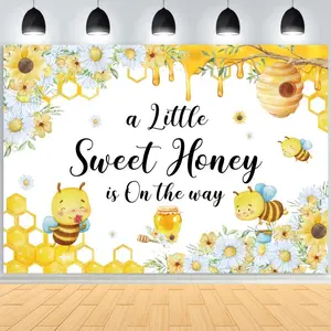 1pc 2D Flat Bee Baby Shower Backdrop - Sunflower & Honeycomb Design, "A Sweet Little Honey Is On The Way" Theme, Bumblebee Accents, White Photography Background Banners for Baby Shower Events