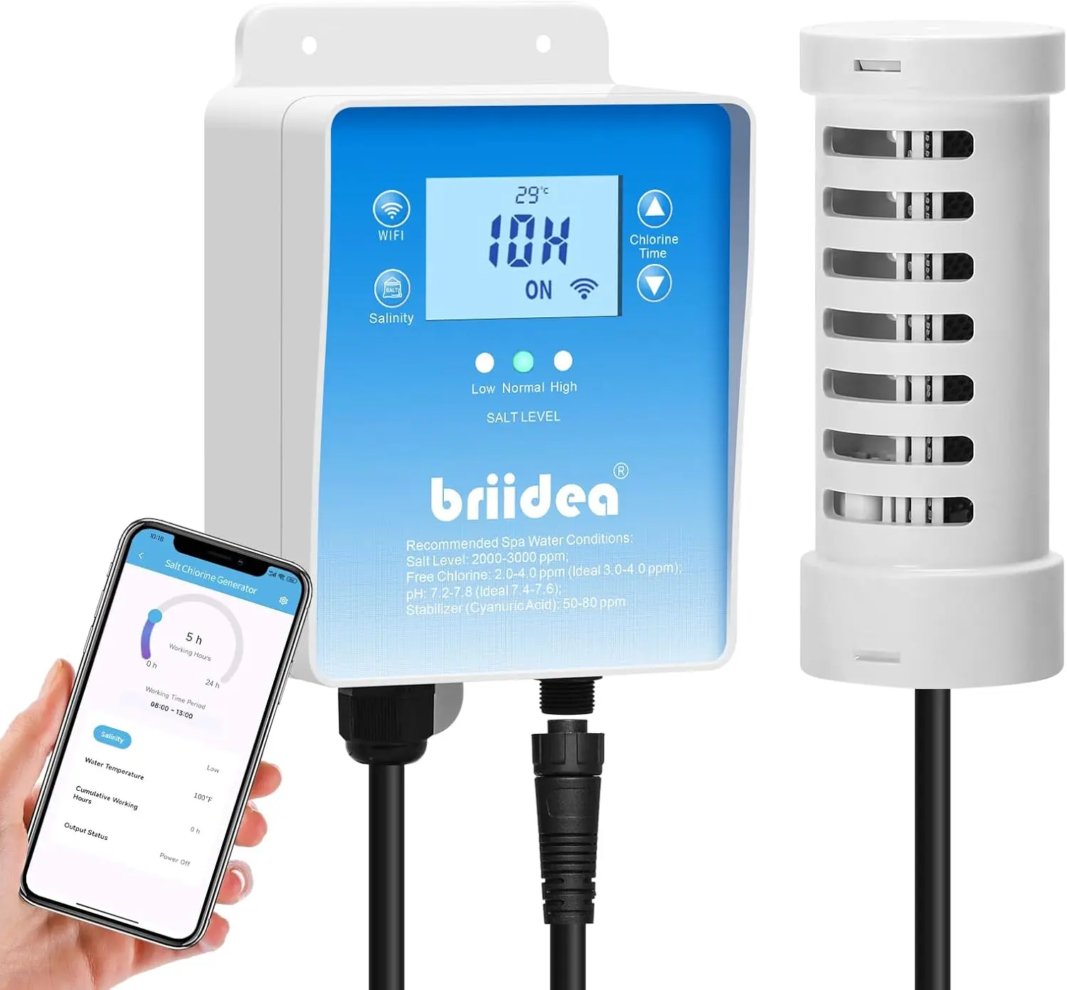 Briidea WiFi Salt Chlorine Generator with USA Titanium Salt Cell, Genilife App Controller, Remote Control, 3000-Hour Lifespan, Live Water Temp Readout, 2000-Gal Swim Spas & Hot Tubs