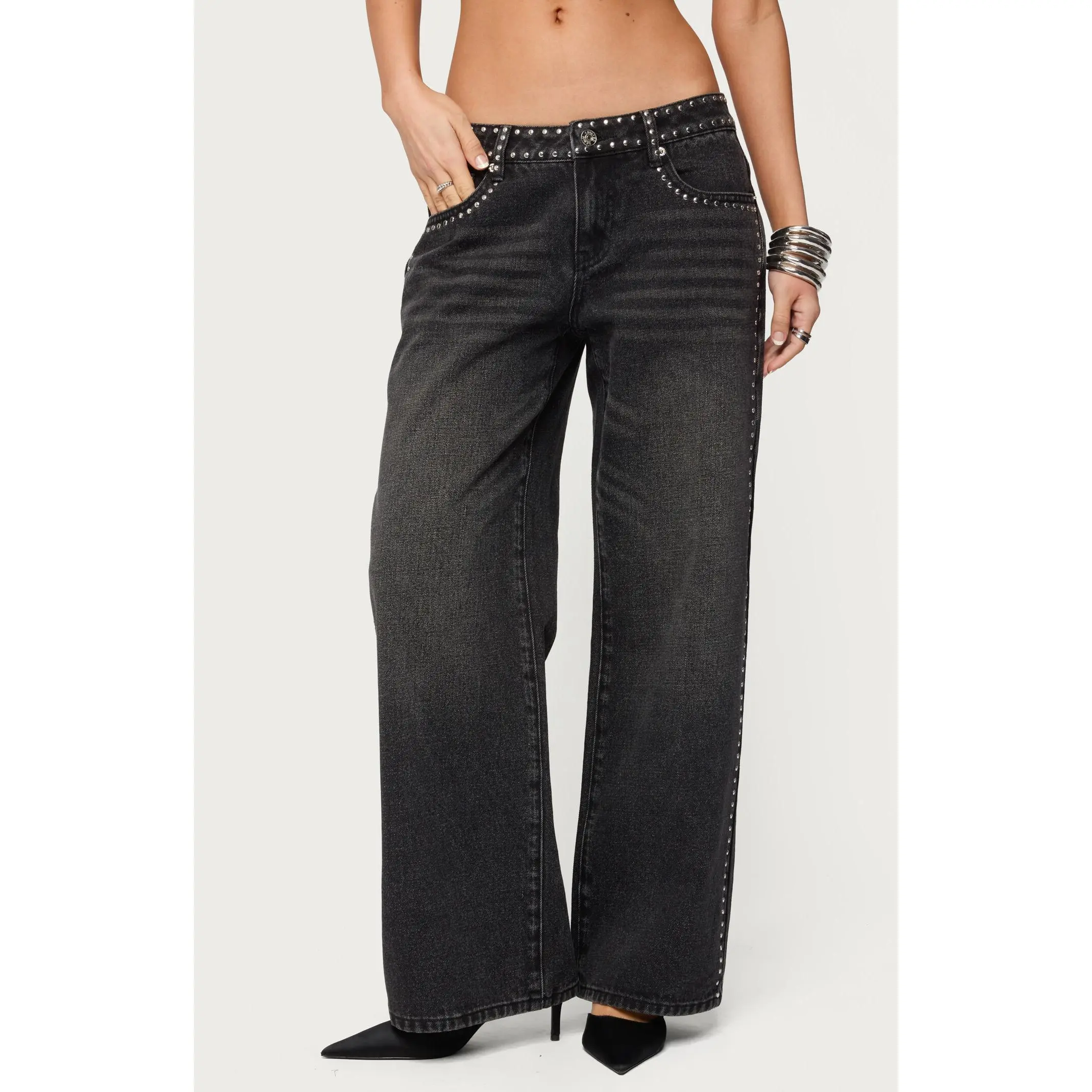 Edikted Women's Petite Quincy Studded Low Rise Baggy Jeans