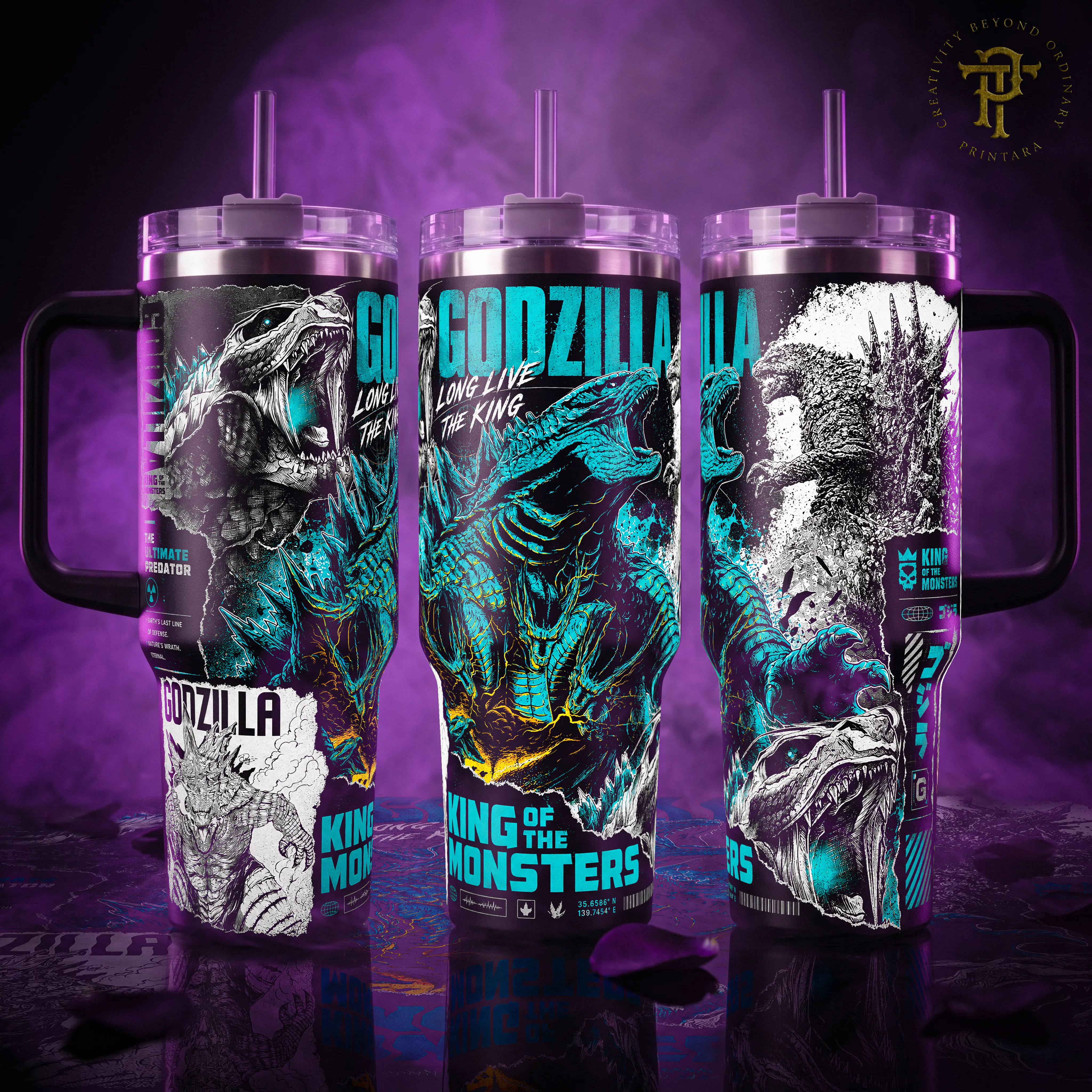 Godzilla King Of The Monsters 20 oz Stainless Steel Insulated Tumbler - With Handle, Reusable Plastic Straw, Lid - Hot/Cold Drink Retention, Teal Movie Merch for Fans, Washable Kitchen Drinkware