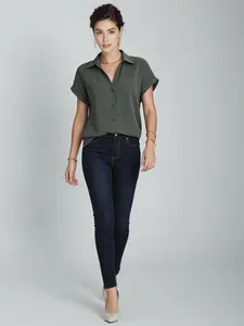 Women's Plain Ruffle Trim Button Front Shirred Blouse, Elegant Long Sleeve Flounce Sleeve Top for Spring & Fall, Women's Clothing for Daily Wear