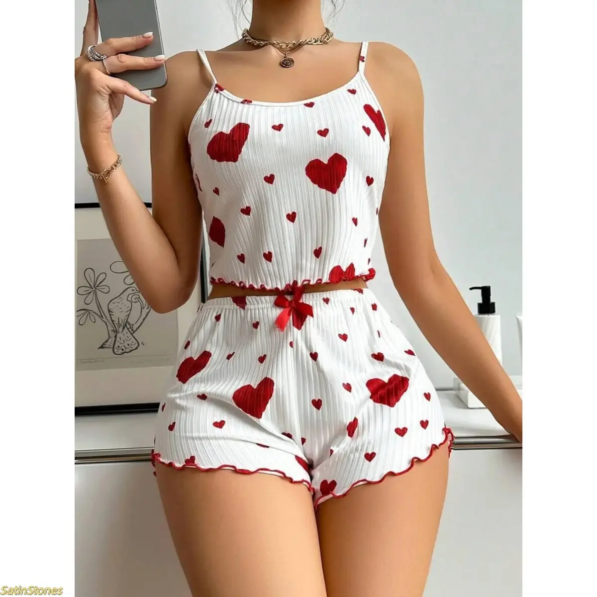 Women's 2-Piece Pajama Sets Women Clothes - Sleeveless Heart Print Cami Top with Adjustable Spaghetti Straps, Lettuce Trim Comfy Shorts, Summer Loungewear & Sleepwear