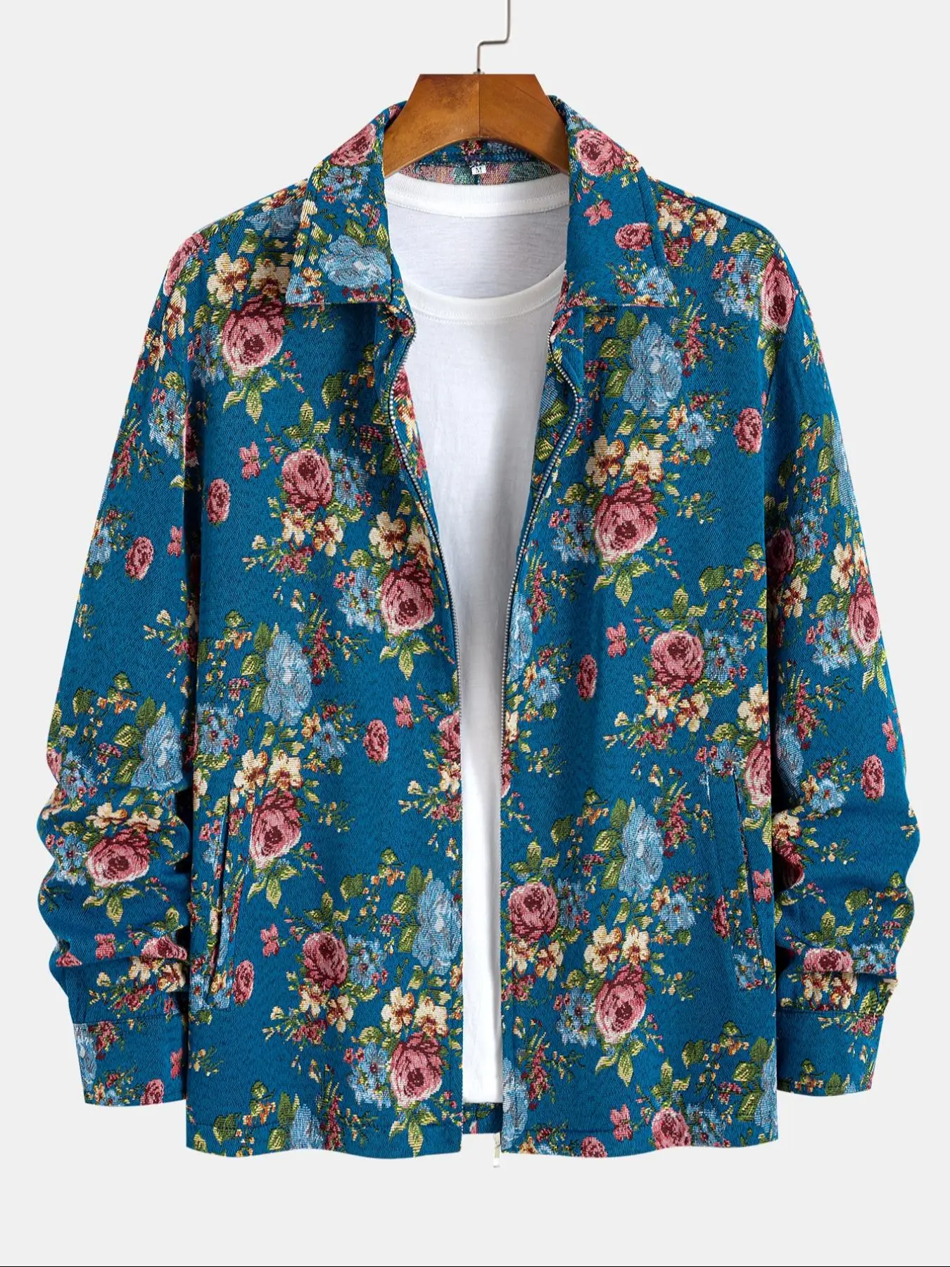 Men's Floral Print Button Zipper Jacket, Loose Casual Long Sleeve Collared Outerwear for Fall & Winter, Men's Clothes for Daily Wear