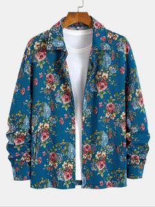 men's floral print button zipper jacket, loose casual long sleeve collared neckline outerwear for fall & winter, men's clothes for freedom of movement daily wear, mens clothing, jackets for men, coat, longsleeves, menswear, loose fit