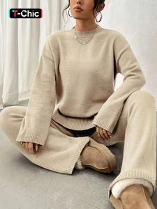 women's solid split hem sweater & straight leg pants two-piece set, casual fashion comfortable cozy knitwear set for daily outdoor wear, comfortable womenswear, women clothing for fall & winter, clothes