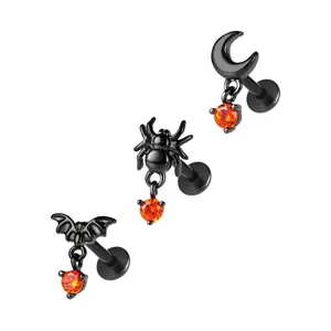 Oufer 3PCS Set Halloween Style Spider Moon Bat Internally Threaded Cartilage Studs Helix Earrings with Orange Gemstones