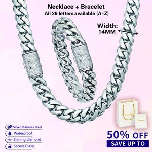 [Set] 14mm Silver Stainless Steel Cuban Link Necklace & Bracelet for Men, Hypoallergenic & Water-Resistant,14mm width Heavy Chain with A-Z Initial Letter Clasp, 18-26in inches length Gothic Punk Hip Hop Style, Personalized Modern Jewelry Gift for Him