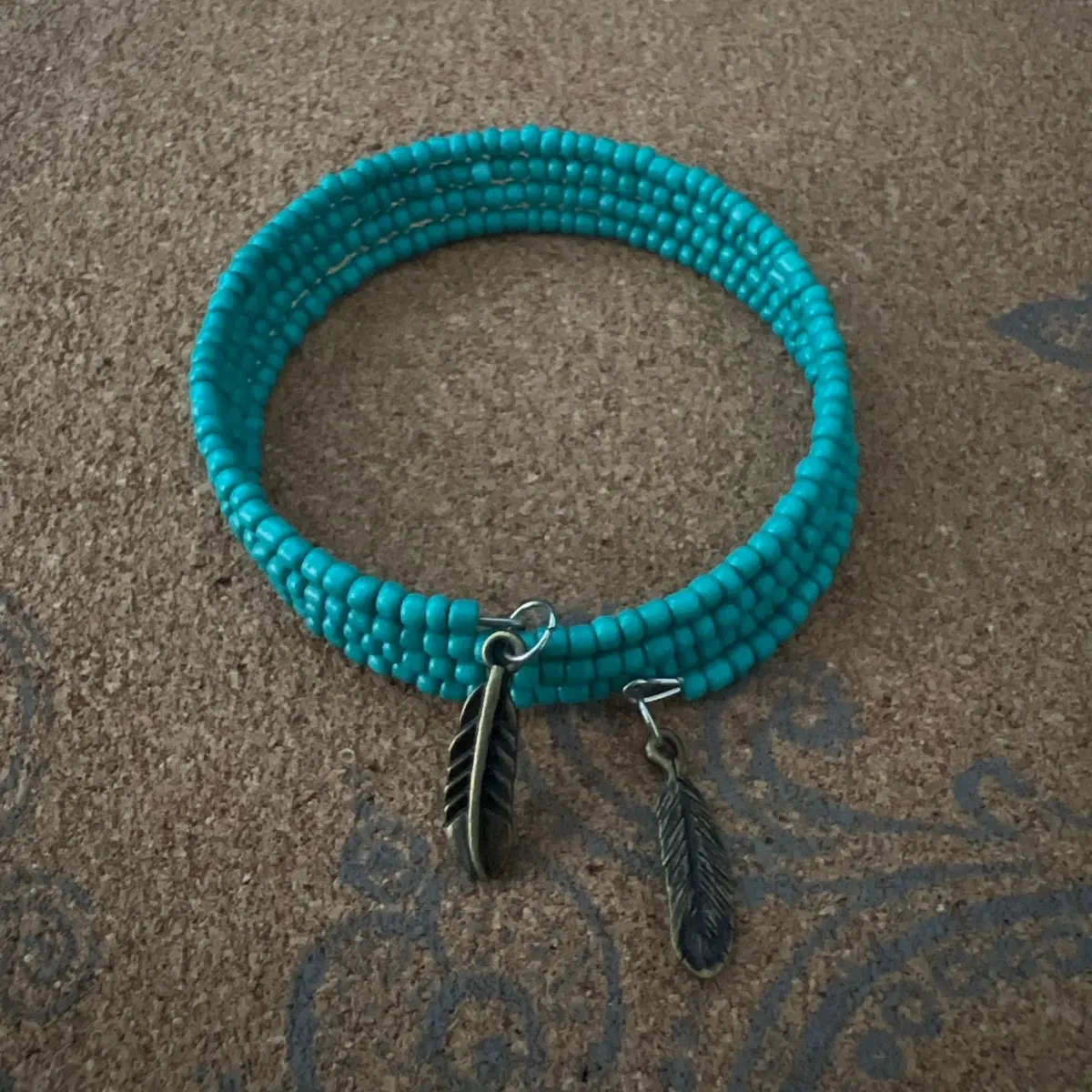 Teal W/ Feathers Memory Wire Wrap Bracelet