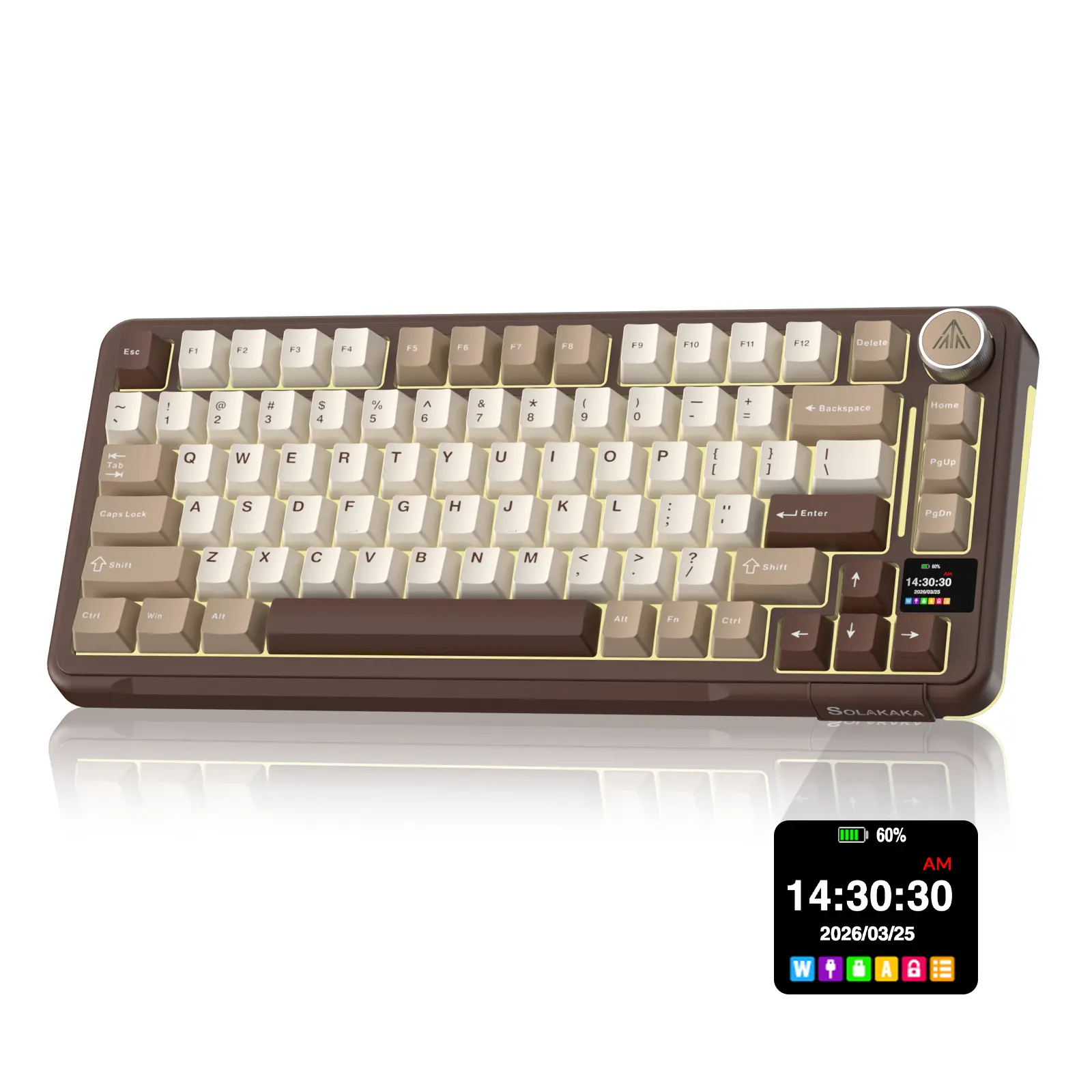 Solakaka A75 Pro Wireless Mechanical Keyboard, Tri-Mode 2.4G/BT5.0/USB-C, RGB Backlit Gaming Keyboard with Screen & Knob, Hot Swappable, Creamy Custom Keyboard for PC Mac Linux  Milk coffee brown color home office desk accessory