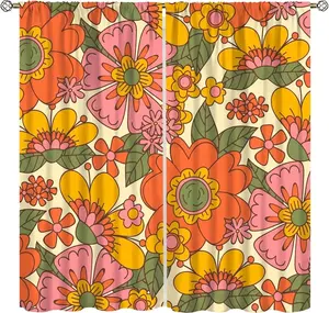 Retro 70s Floral Curtains Hippie Spring Groovy Flower Power Flower Boho Print Suitable for Home Bedroom Window Drapes Abstract Aesthetics Decoration 52x84 Inch Decor