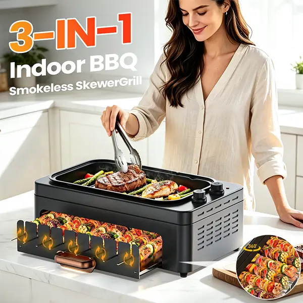 XHJ 1500W Smokeless Electric Grill - 360° Auto-Rotating Hot Dog Roller & Kabob Skewers, Adjustable Temperature Control, Dual-Zone Cooking, Compact Design for Apartment Kitchens, Mess-Free & Easy to Clean