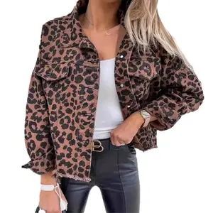 2025 New Spring And Autumn Denim Jacket Leopard Print Long Sleeve Short Loose Casual Jacket Womenswear Coats Clothing Comfort Outerwear Tops Fitted