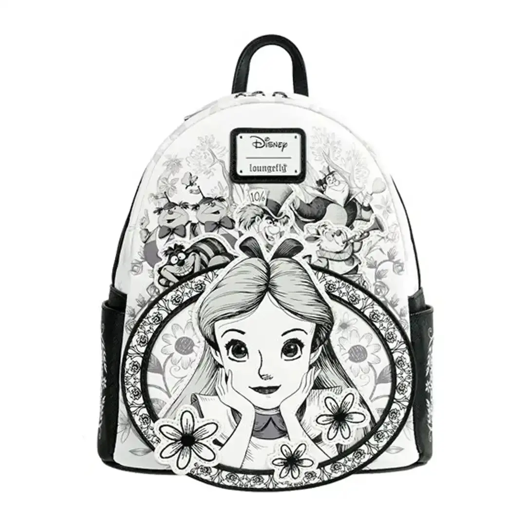 Loungefly Disney Alice in Wonderland Sketch Mini Backpack - 9in W x 10.5in H x 5.5in D, Adjustable Strap, Debossed & Embroidery Details, Entertainment Earth EX, Graphic, Side Drop Pockets, Unisex, Whimsical Charm, Zip, Faux Leather, Casual Everyday Bags
