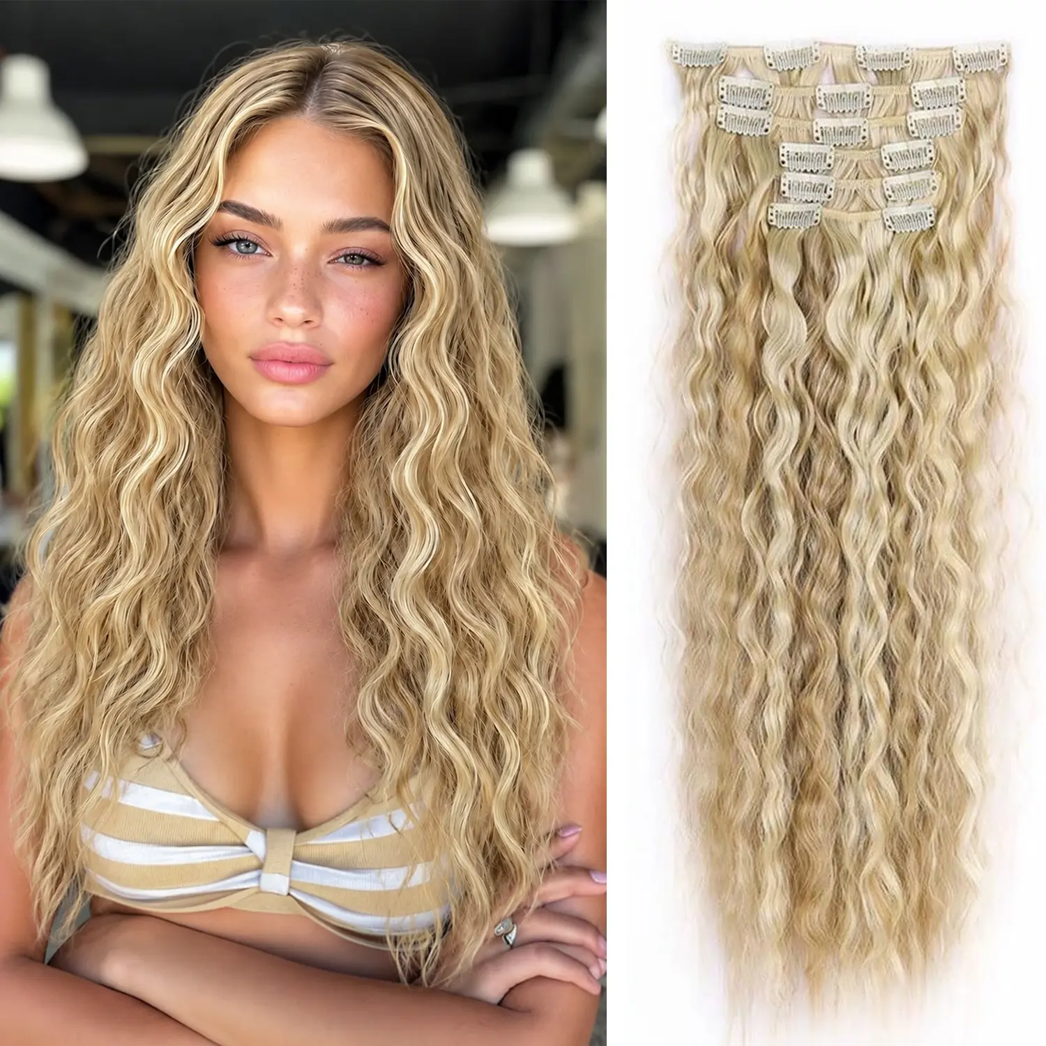 Clip in Hair Extensions 6PC Hair Extensions Synthetic Long Soft Natural Hairpiece 24 Inch Curly Hair Extension for Women instant length