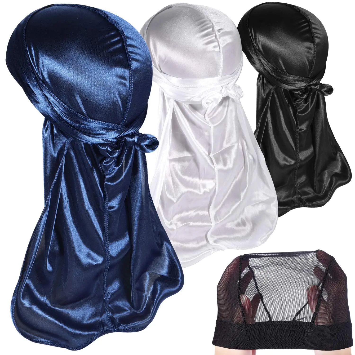 3 Pack Silky Durag Set with Black Cap, Casual Reversible Headwear for Men for Flawless Wave Results & 360 Waves - Durable with Long Tails, Secure Fit & No Forehead Marks, Prevent Forehead Marks, Silky Fabric, Resistant To Ripping, 3-Piece Pack