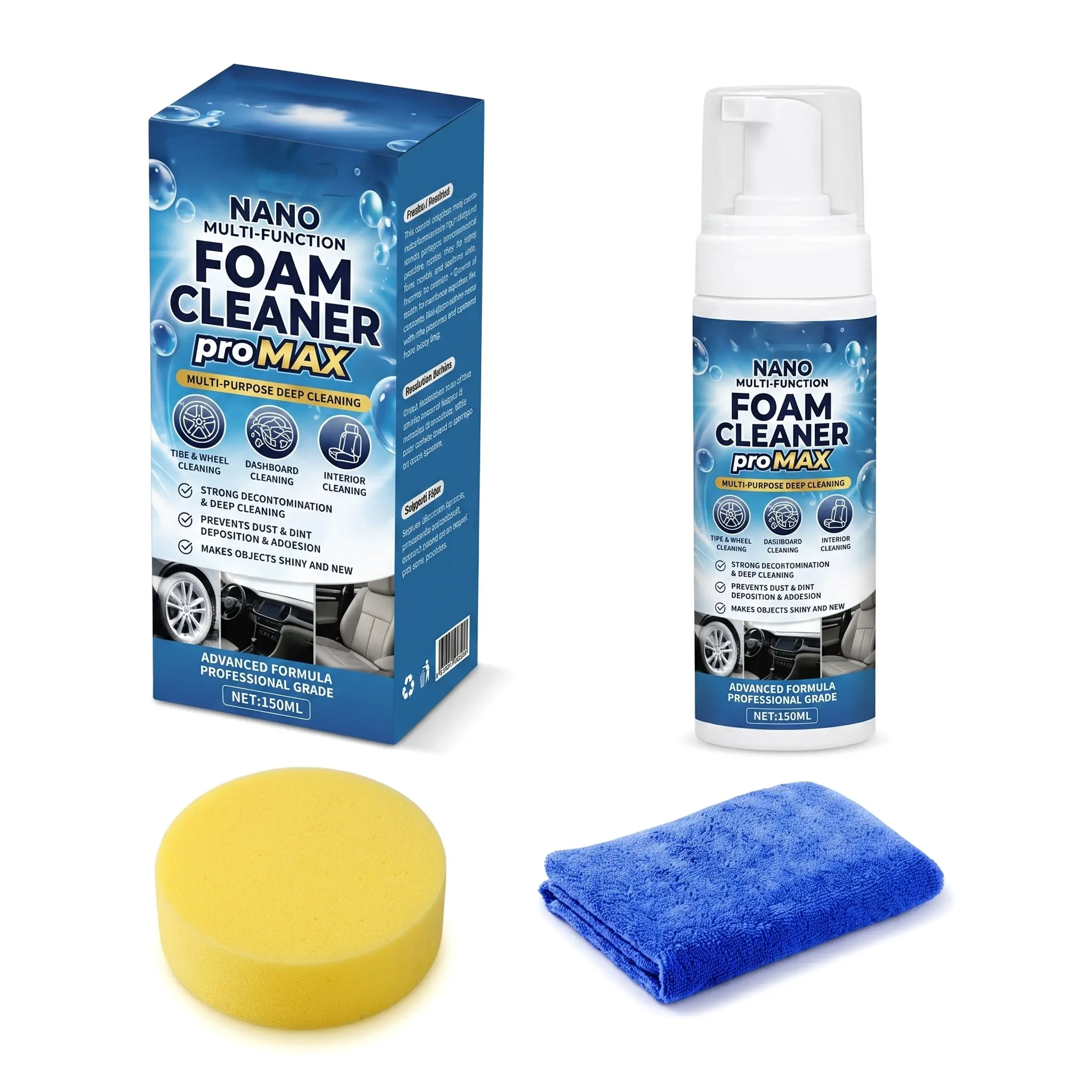 150ml Multi-Purpose Nano Foam Cleaner Pro Max with Pump, Car & Household Cleaning Kit - Includes Sponge, Towel, and Box