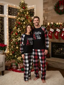 Comfortable fabric couple's pajama set, machine-washable men's trendy casual Christmas pajama set, printed top with green and black checkered pants, adult Christmas pajama, men's and women's same style comfortable home wear