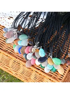 20-piece set of teardrop-shaped pendant natural stone mixed with crystal pendants, paired with a black leather necklace, Obsidian crystal necklace, Bohemian natural stone and crystal mixed teardrop pendant necklace set