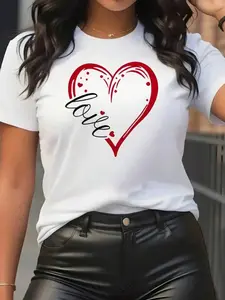 Women's Short Sleeve Round Neck Casual Top, Love Letter Heart Print, Medium Stretch, All Season Comfort, Trendy Fashion