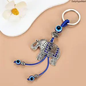 2026 New Demon Eye Detail Elephant Motif Fashionable Alloy Keychain, Elegant Blue Beads, Silver-Color Design, Unisex Daily Stylish Fashion Accessory
