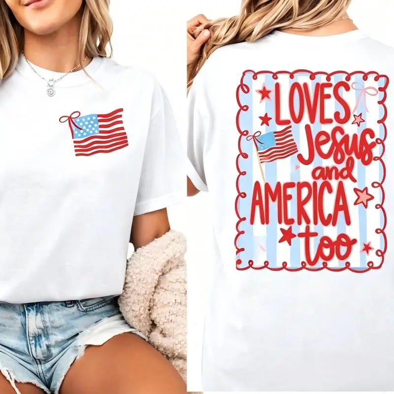 Loves Jesus and America Too Shirt, 4th of July Patriotic Coquette Bow Tee American Flag Shirt USA Preppy Red White Blue Shirt