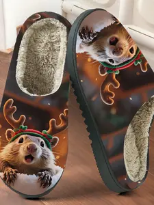 Christmas Squirrel Print Cotton Slippers, Cute Festive Style, Fuzzy Lined Anti-Slip Thick Sole, Home Warm Shoes for Fall & Winter