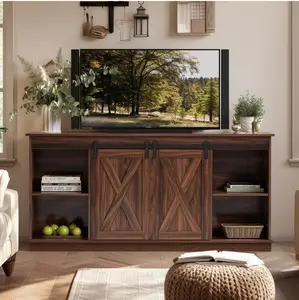 TV Stand for Televisions up to 65 Inch, Entertainment Center with Sliding Barn Doors, Storage Cabinets and Media Shelves, Living Room Console Table, Rustic Brown