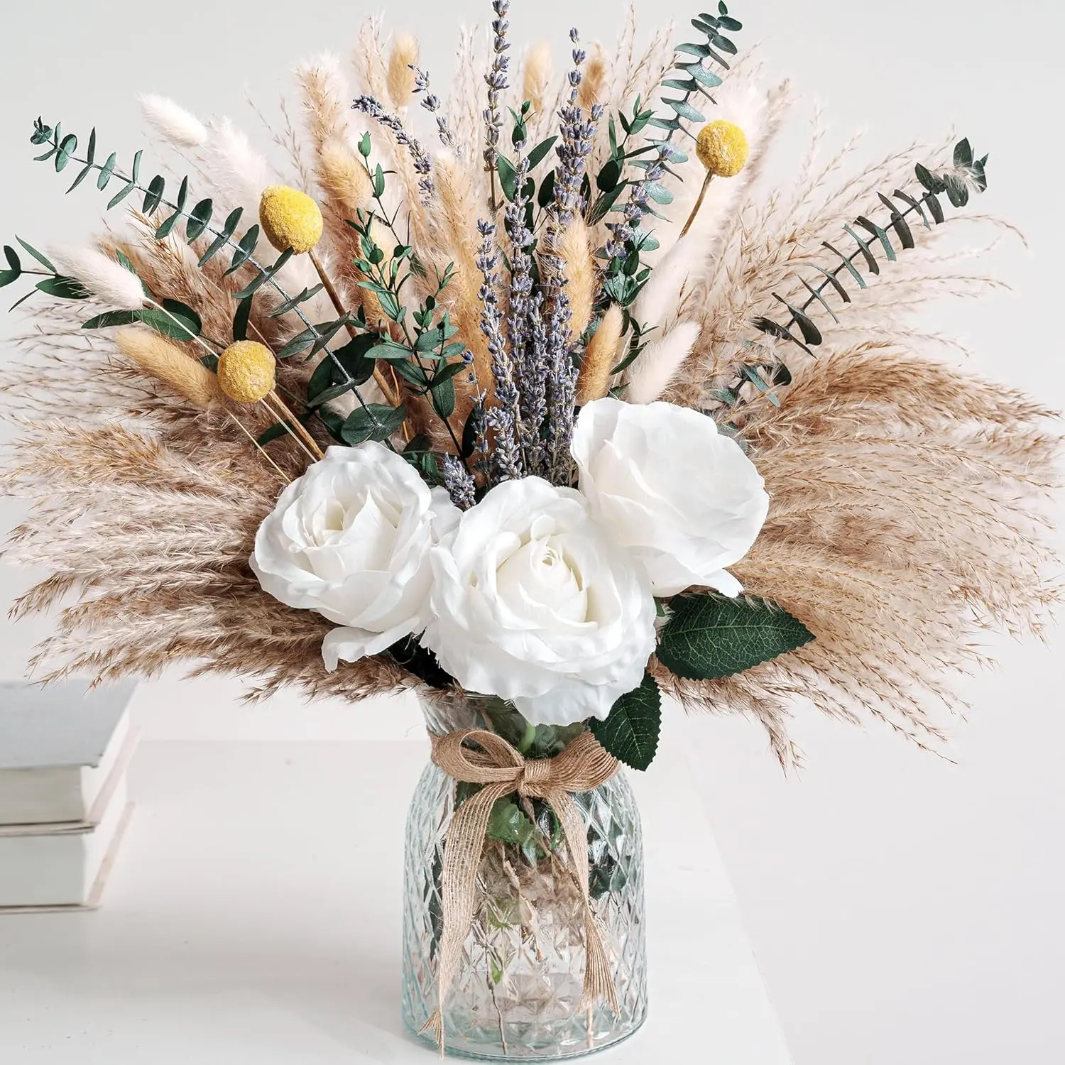 Decorative Faux Flower Bouquet with Glass Vase, Farmhouse Floral Centerpiece Table Decor, Pampas Grass & Plants Arrangement for Room Thanksgiving Default Decor, Decoration