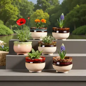 6-Piece Gradient Glaze Ceramic Planters with Drainage Holes - Retro Kiln-Change Texture | Indoor/Outdoor Decorative Pots for Balcony/Desk | Breathable Design, Universal Gardening Vessels