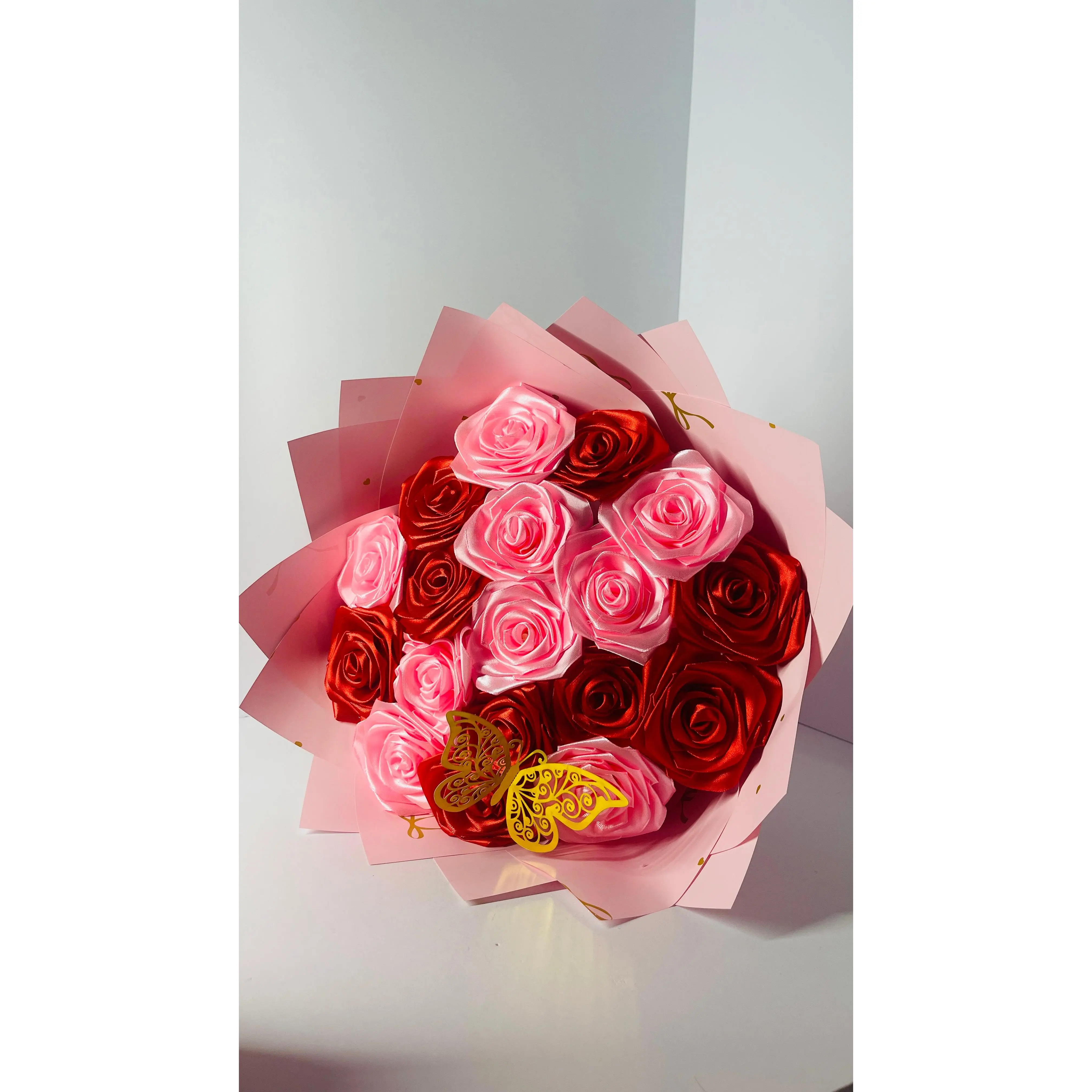 Handmade Red & Pink Satin Rose Bouquet – Sweet Passion Edition⁠