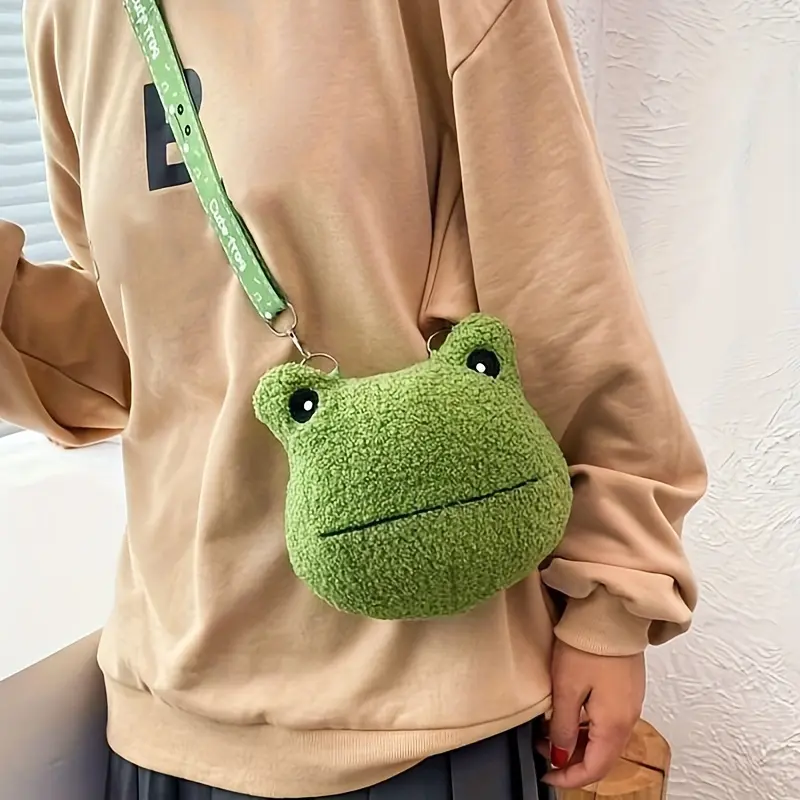 [Cute Frog Crossbody Bag] 1pc Cute Frog Crossbody Bag for Women - Stuffed Animal Storage Pouch with Zipper Closure, Removable Green Frog Face Keychain & Detachable Strap, Soft Polyester Purse for Cosplay, Everyday Use, Themed Events (Deep Khaki/White/Gree