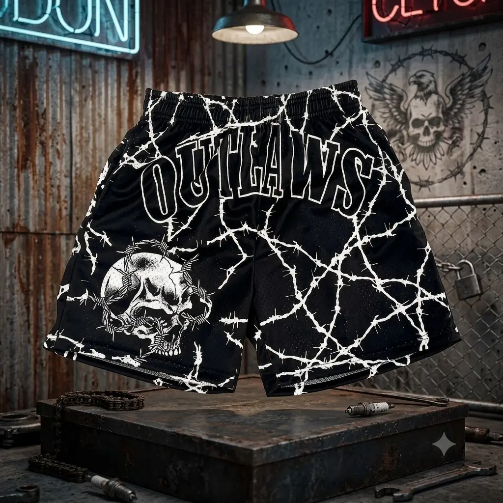 Outlaws Skull Barbed Wire Mesh Shorts Men Women Streetwear Gothic Basketball Gym Shorts Quick Dry Baggy Casual All Season Unisex 14