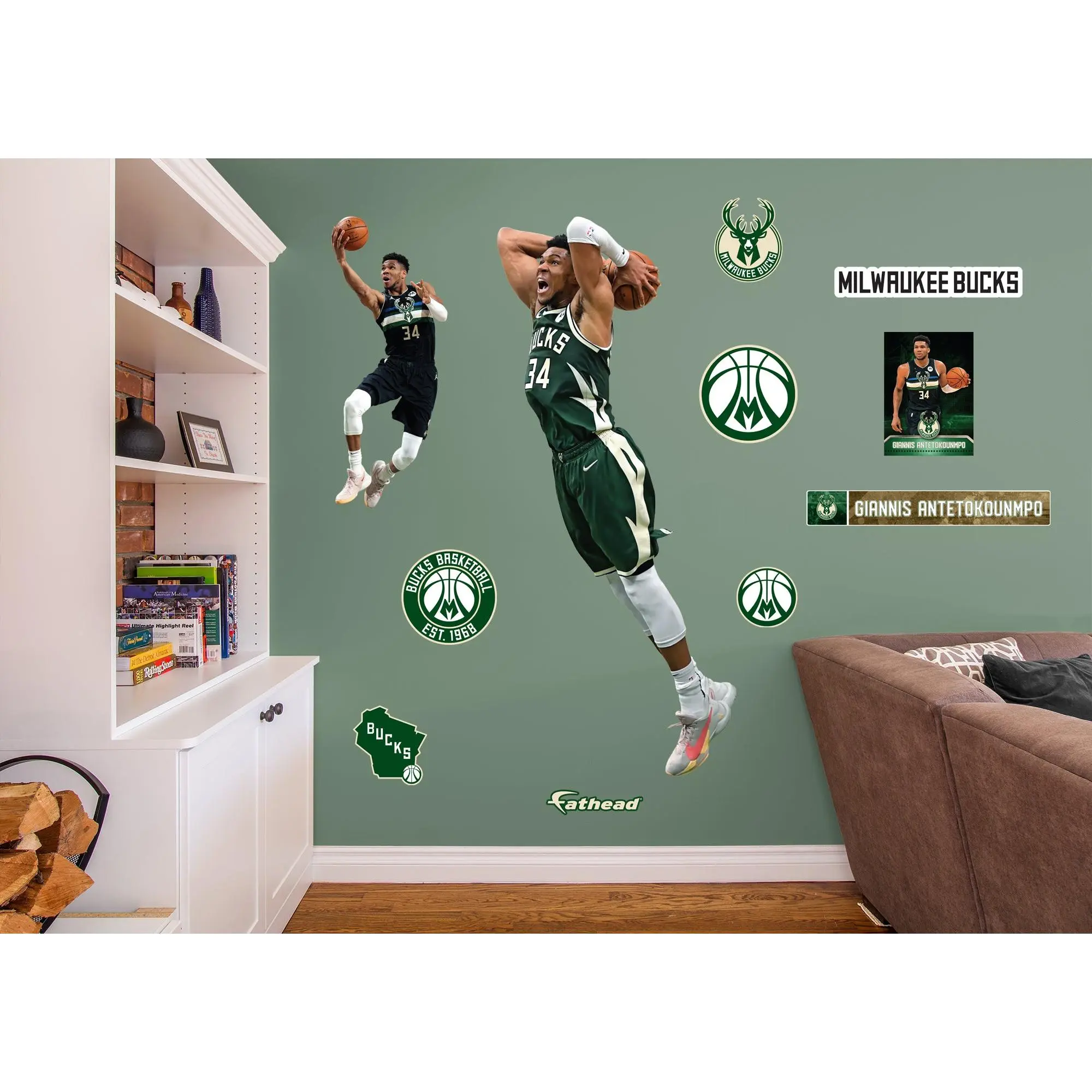 Giannis Antetokounmpo Official NBA Milwaukee Bucks Reusable Vinyl Adhesive Stickers - Vinyl Decal, Graphic Wall Stickers & Murals, Peel-Off Design Home Decor Art Decals, Decoration Items, American-Themed Wall Stickers & Murals