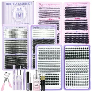 DIY Lash Extension Kit 1613Pcs Natural Volume Lash Clusters Spike +Bottom Eyelashes with Lash Bond, Seal Remover Tweezers Cleansing Mousse Cleaning Brush Lash Curler by QUAFFLY, Eyelashes Makeup Set