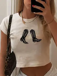 Women's Vintage Round Neck Graphic Crop Tee, Trendy Casual Short Sleeve T-shirt for Daily Holiday Vacation Outdoor Wear, Ladies Clothes Tops for Summer