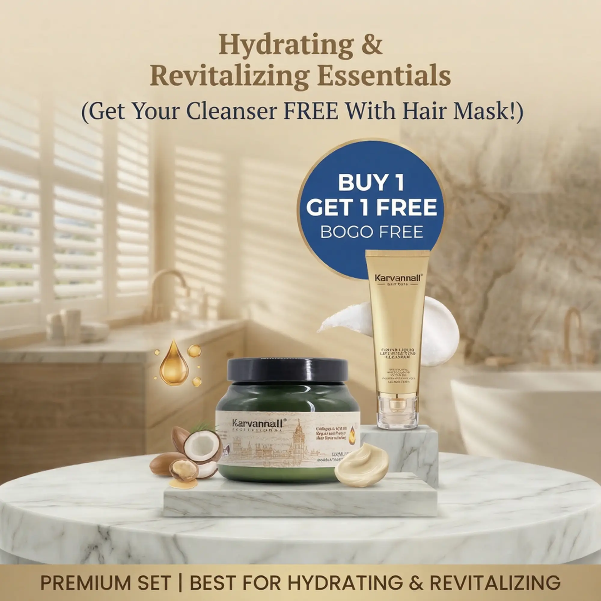 [BOGO Set] Karvannall Professional Salon-Quality Deep Conditioning Hair Mask for Damaged & Dry Hair (16.9 fl.oz) + FREE Caviar Facial Cleanser Duo, Intense Repair & Anti-Frizz Self-Care Premium Bundle