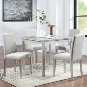 Wooden Dining Table Set 5 Pieces, Kitchen Table Set with a Square Table and 4 Upholstered Chairs, Wooden Dining Room Table with Crystal Decoration and Chairs Set for Kitchen, Dining Room, Silver grey