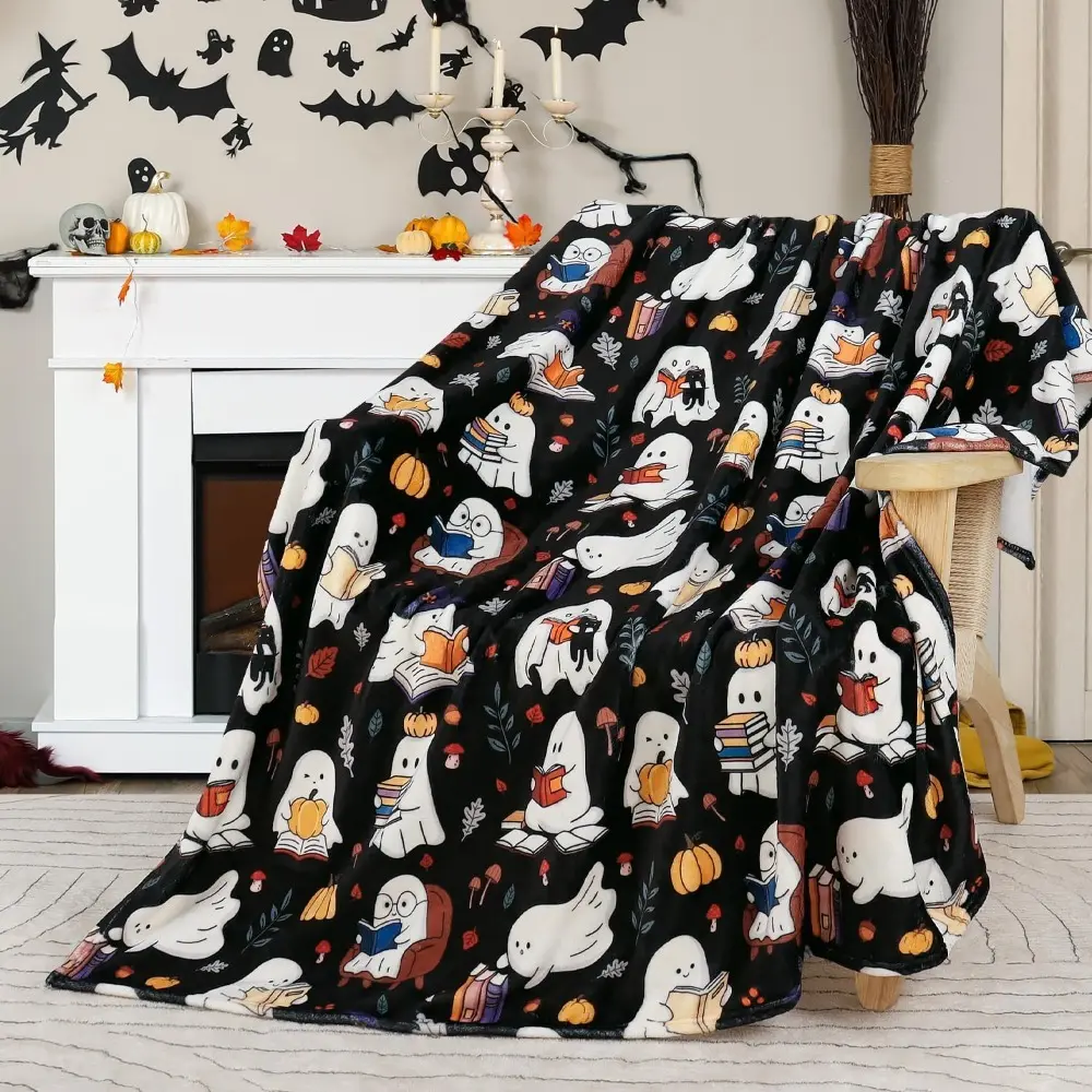 Halloween Throw Blanket Cute Ghost Reading Book Printed Blanket Ultra Soft Flannel Fleece Throw Blankets Warm Lightweight Halloween Blankets for Bed Couch 50"X60"