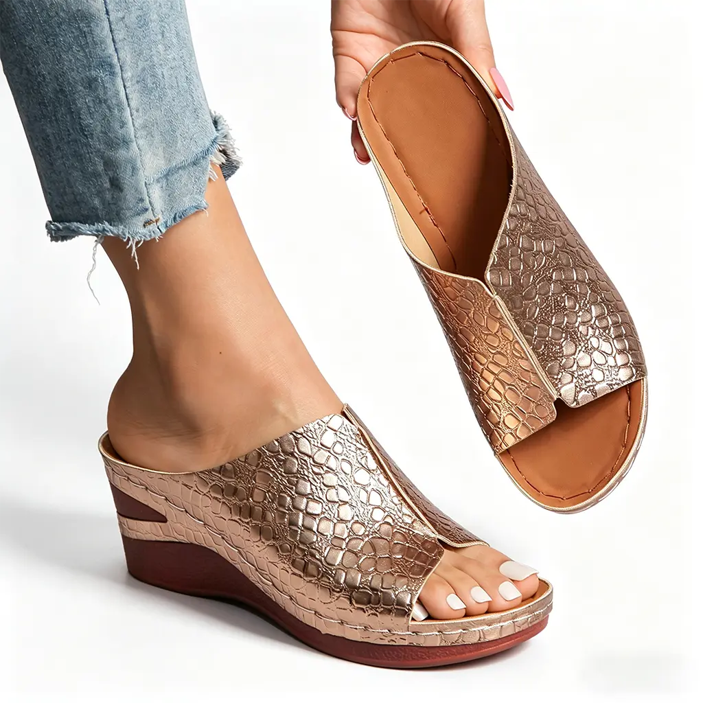 Women's Leather Metallic Animal Print Wedge Heel Sandals - Open-Toe Slip-On Platform Flatform Mules, Casual Fashionable Comfy Sandals with Arch Support, Non-Slip Summer Footwear