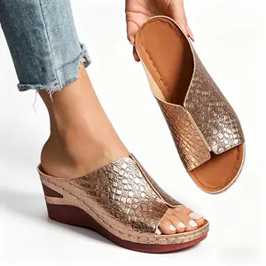 Women’s crocodile print wedge mule sandals, open-toe slip-on platform sandals, casual non-slip summer shoes with arch support for everyday and beach wear