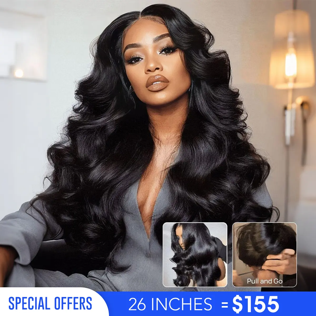 Wavymy Wear Go Glueless 13x4 Pre-Everything Lace Frontal Natural Black Bouncy Body Wave Drawstring Exclusive Design Wig 180% Density