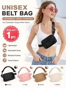 Belt Bag with 3 Zipper Pockets for Women and Men, Water-Resistant Small Belt Bag, Fanny Pack with Adjustable Long Strap, Trendy Lightweight Nylon Crossbody Chest Bag, for Running, Hiking, Travel and Workout, Yoga and Shopping